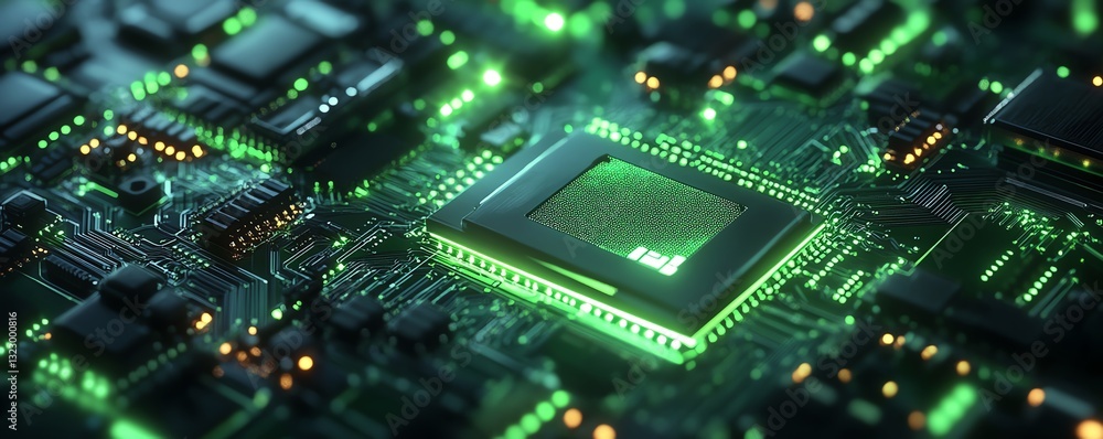 Poster ai microchip glowing with neon green circuits on a dark background, 3d rendering, digital concept of