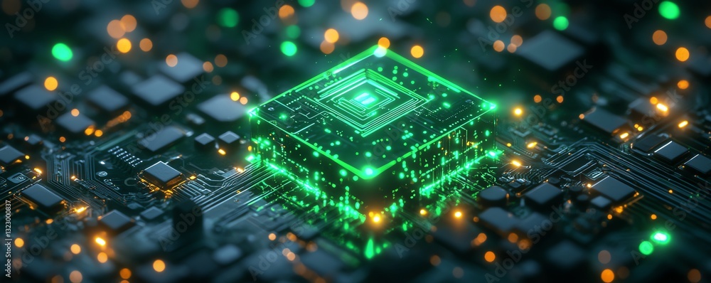 Poster ai microchip glowing with neon green circuits on a dark background, 3d rendering, digital concept of
