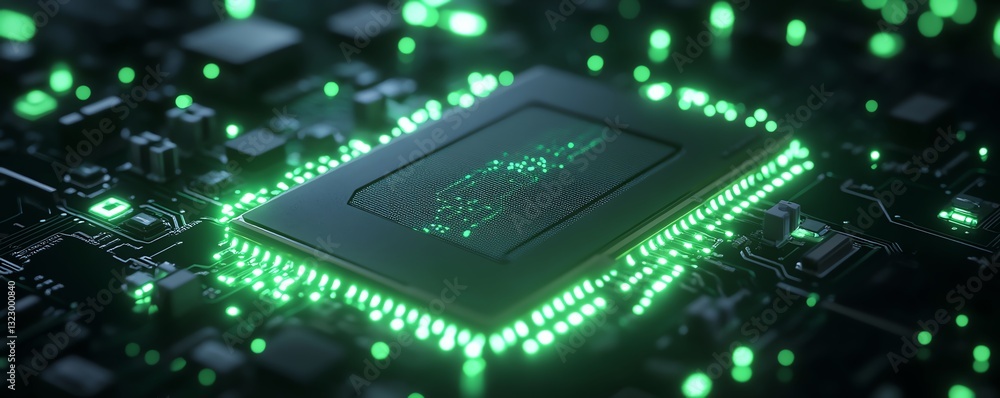 Poster ai microchip glowing with neon green circuits on a dark background, 3d rendering, digital concept of