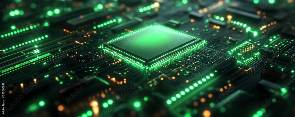 Poster ai microchip glowing with neon green circuits on a dark background, 3d rendering, digital concept of
