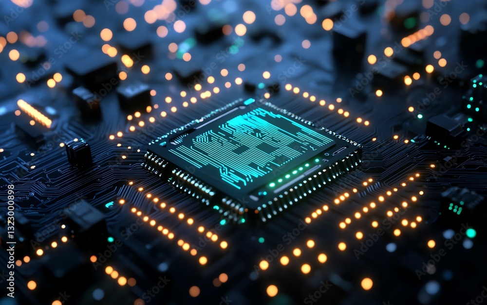 Poster ai microchip with glowing neon green circuit details on a dark background, 3d rendering, futuristic 