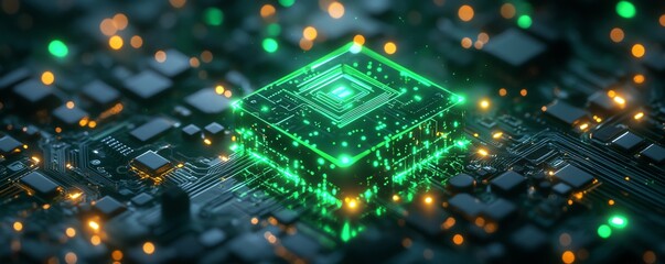 Obraz premium AI microchip glowing with neon green circuits on a dark background, 3D rendering, digital concept of machine learning, artificial intelligence, futuristic design