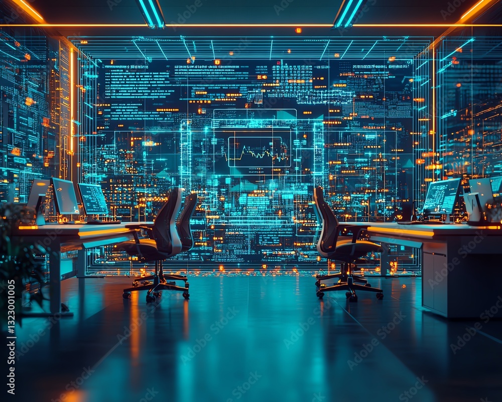 Poster AIpowered office workspace with digital circuit overlays, glowing lines and data streams across desks, smart devices, futuristic and innovative workspace design