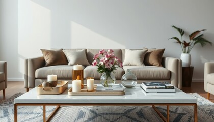 Elegant Living Room Scene with Sofa Table Candles and Flowers Interior Design