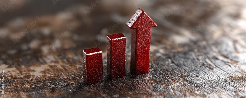 Poster red graphical representation of increasing trend on rustic wood background for business and finance 