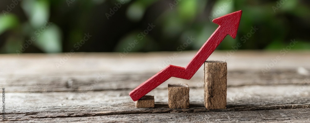 Poster red arrow growth indicator on wooden blocks representing success and progress in business and financ