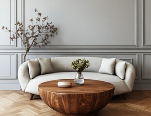 Modern living room interior with curved sofa, wooden coffee table, and wall molding.