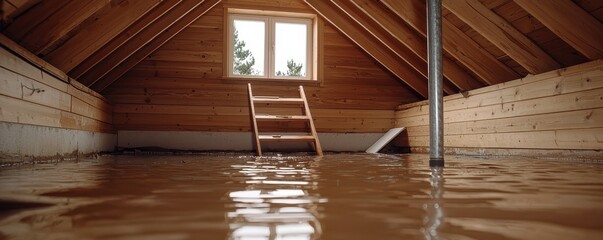 A flooded attic interior with wooden beams and a ladder leading to a window letting in natural light