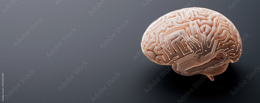 Poster human brain model with circuitry patterns against a dark background showcasing technology and cognit
