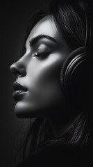 Fototapeta premium Black and white portrait of a woman with headphones listening to music