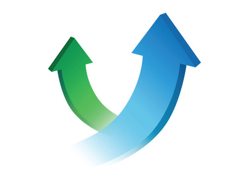 2 curved 3D arrows pointing up going to the opposite direction represent profit, progress and Success in a Different Way