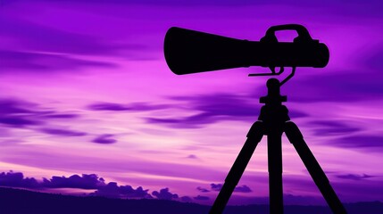 Sunset Silhouette Camera on Tripod, Purple Sky, Landscape Photography