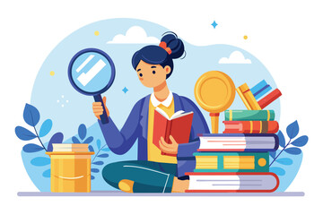 A student examines a book with a magnifying glass among various other educational resources around her, student holding magnifying glass and studying book, stack of books for research