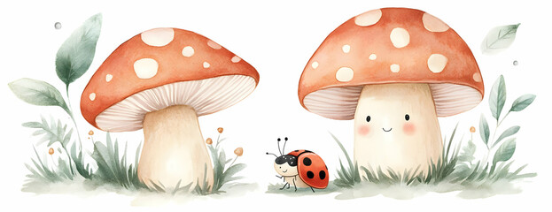 Cute mushrooms, ladybug, grass. Child's book illustration
