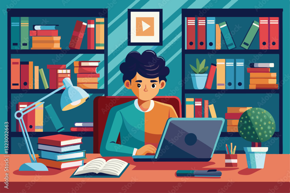 Aufkleber a student is focused on studying at a desk surrounded by books and a laptop, creating a productive a