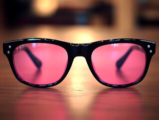 Black and pink glasses frame on a wooden table, fashion and clothes