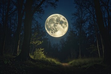 Enchanted Forest Under a Radiant Full Moon with Shadowy Illumination and Echoes of Timeless Legends