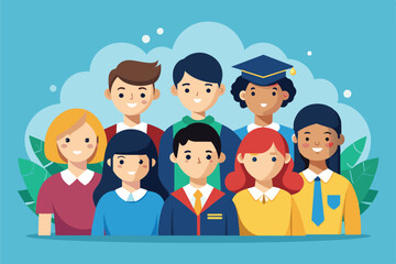 A cheerful gathering of students showcasing their achievements in a vibrant, friendly atmosphere, Students Customizable Semi Flat Illustration