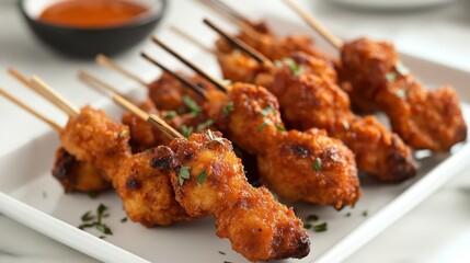 Fototapeta premium Delicious party snack: crispy chicken lollipops with a flavorful chili-garlic dip.