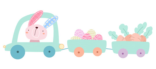 Fototapeta premium easter bunny and easter eggs on white background isolated. Bunny with his cute train illustration.