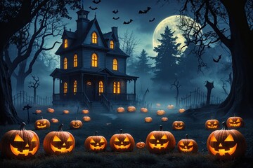 Fototapeta premium Creepy Halloween Scene with Jack O Lanterns Haunted Mansion and Dark Forest Nightscape