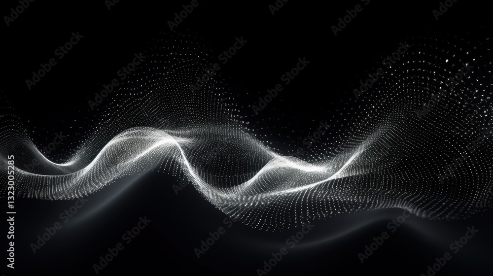 Poster dynamic white energy waves built with thousands of luminous dots moving in fluid motion