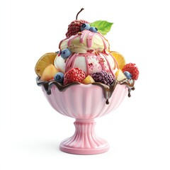 Separate on white background of cute style 3d render shop. Delicious ice cream sundae in pink bowl.