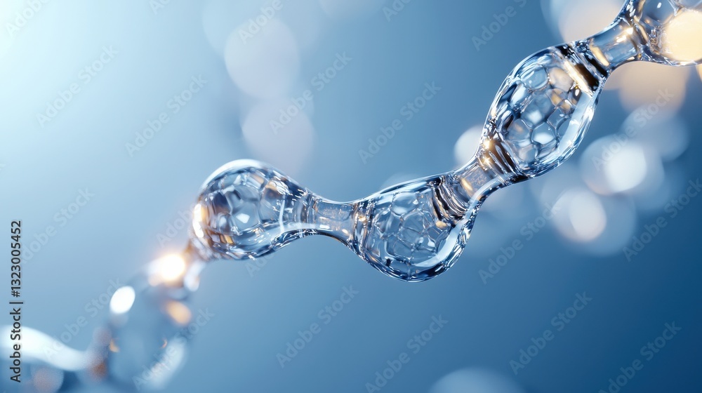 Poster intricate close-up of transparent molecular structure with soft blue background and bokeh effect