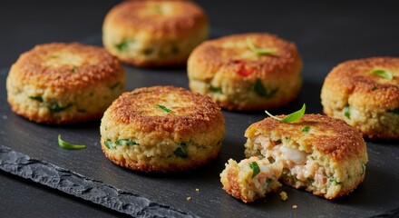 Culinary Delight: A mouthwatering close-up shot showcases a selection of perfectly cooked crab cakes.