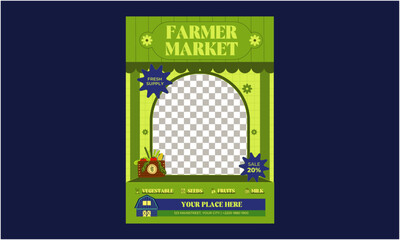 Farmer Market Flyer. Farmers market invitation, vegetables, fruits and locally sourced farm food advertisement with geometric icons vector illustration. Bauhaus Scandinavian tiles.
