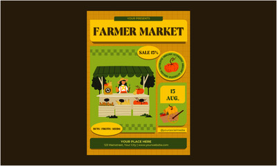 Farmer Market FlyerFarmer Market Flyer. Farmers market invitation, vegetables, fruits and locally sourced farm food advertisement with geometric icons vector illustration. Bauhaus Scandinavian tiles.
