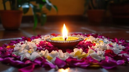 Fototapeta premium Elegant Pongal rangoli design made from fresh flower petals, surrounding a sacred lamp.