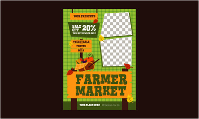 Farmer Market FlyerFarmer Market Flyer. Farmers market invitation, vegetables, fruits and locally sourced farm food advertisement with geometric icons vector illustration. Bauhaus Scandinavian tiles.
