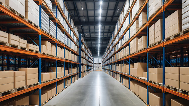 Rows of tall shelves stocked with various goods in a warehouse. AI.
