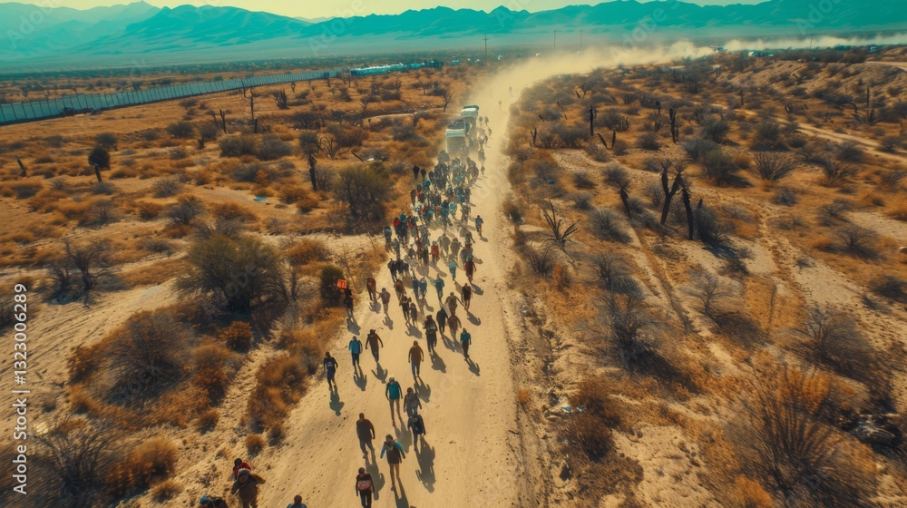 Poster a large group of hikers winds their way along a dusty trail in a desert setting, surrounded by spars