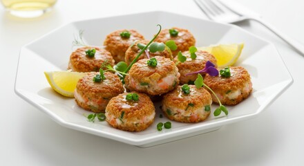 Gourmet Delight: A beautifully arranged plate of succulent crab cakes, garnished with fresh herbs and lemon wedges. A culinary masterpiece.