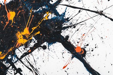 Abstract Splatter Painting with Black Orange and Yellow Paint Drips
