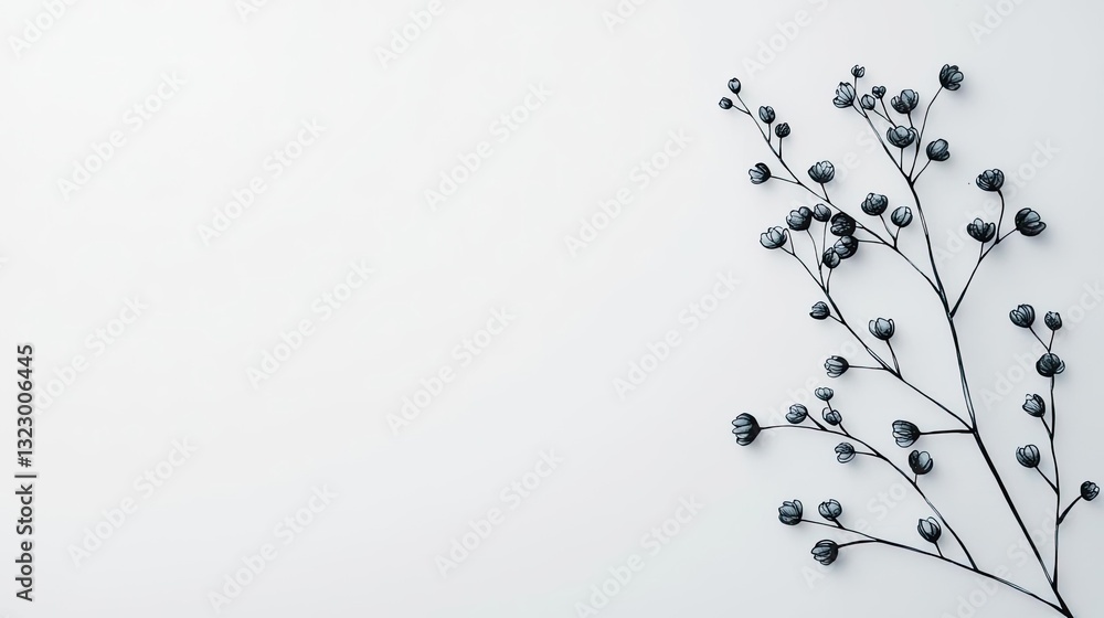 Poster Ink illustration abstract background concept. A minimalistic design featuring delicate branches against a soft white background.