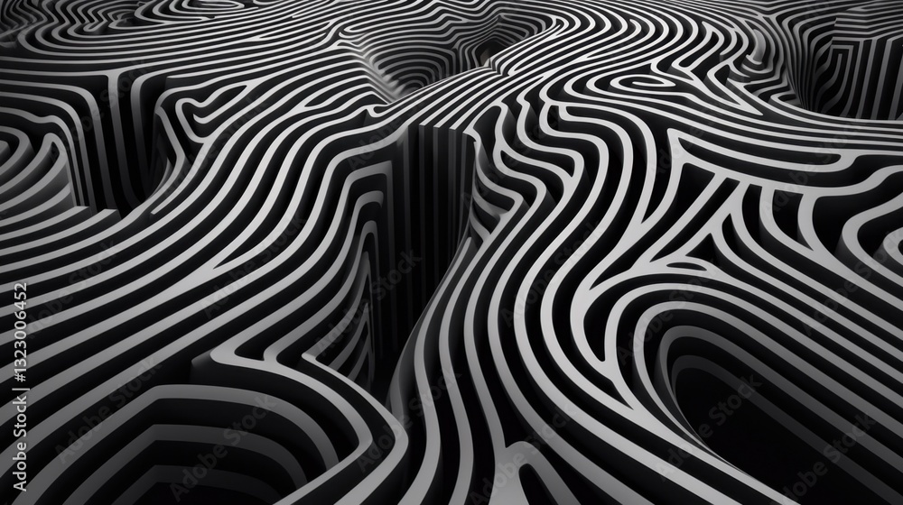 Poster endless maze-like structure of freeform wavy lines creating a sense of movement in black and white