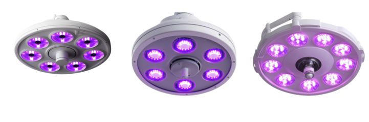 surgical lamps with multiple purple LED lights for optimal illumination in operating rooms isolated on transparent Background