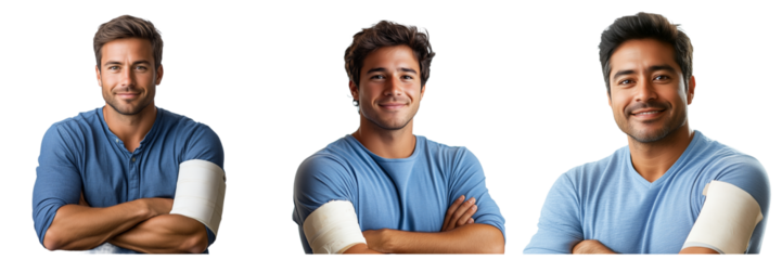 Three Handsome Men with Arms Crossed Wearing Blue Shirts and White Arm Bands isolated on transparent Background