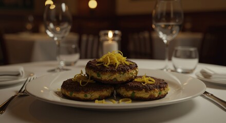 Gourmet Delights on a Dinner Table: A mouthwatering image of elegantly plated food with fine dining. perfect for culinary creations.