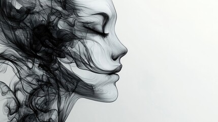 Fototapeta premium Ink illustration abstract background concept. A striking silhouette of a woman surrounded by flowing smoke, conveying deep emotions.