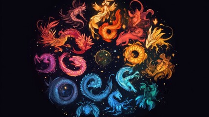 Fantasy-inspired zodiac arrangement in a circular pattern, glowing with vibrant astrological energy.