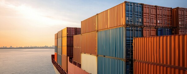Fototapeta premium Colorful shipping containers stacked at a port with a sunset backdrop over an urban skyline by the water