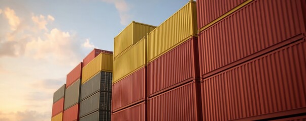 Fototapeta premium Colorful Shipping Containers Stacked Against a Blue Sky with Clouds in a Cloudy Background