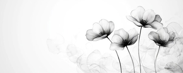 Ink illustration abstract background concept. Elegant black and white illustration of delicate flowers with flowing lines.