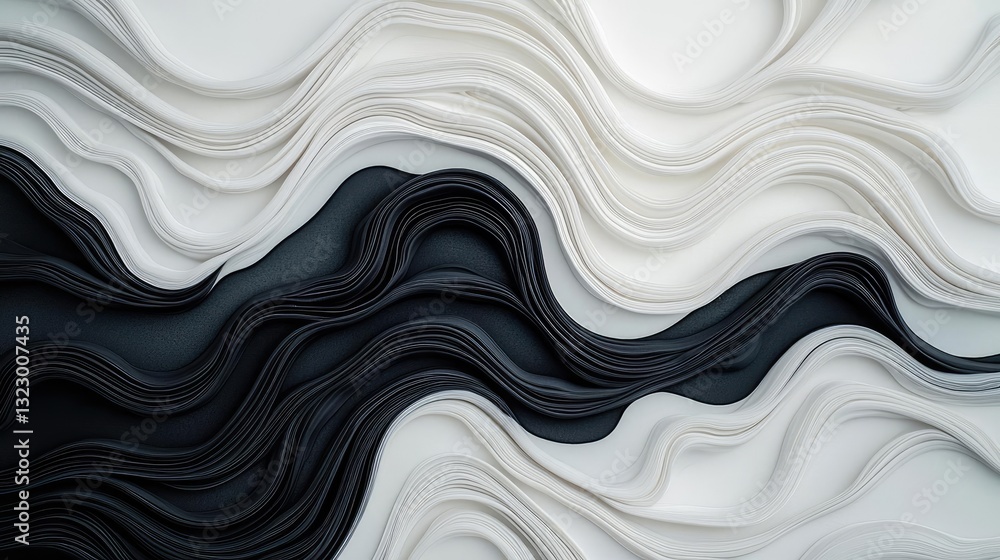 Poster ink illustration abstract background concept. abstract waves of black and white paper create a dynam