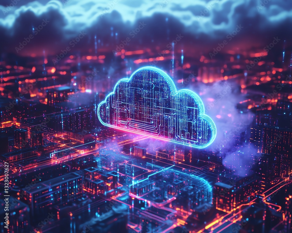 Poster futuristic smart city with cloud computing and data storage concept, neon blue and purple lights, 3d