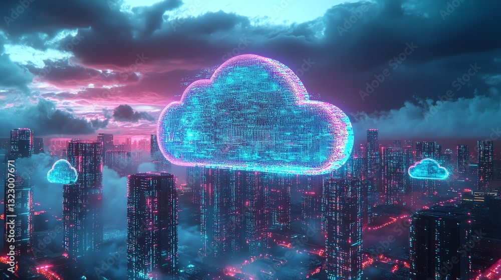 Poster futuristic smart city with cloud computing and data storage concept, neon blue and purple lights, 3d